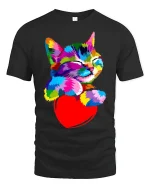 Colorful Cat Hugging Heart Tee - Cute Vibrant Pet Lover Tshirt - black t-shirt on white background