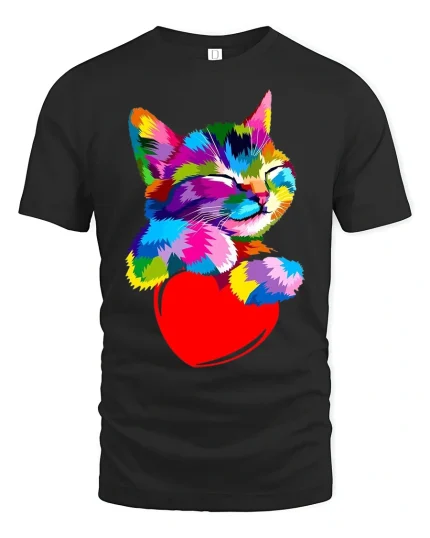 Colorful Cat Hugging Heart Tee - Cute Vibrant Pet Lover Tshirt - black t-shirt on white background