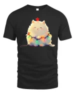 Cute Christmas Fluffy Cat Tee - Adorable Holiday Lights Graphic - black t-shirt on white background