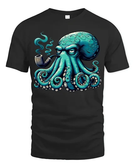 Smoking Octopus Art Tee - Funny Cool Pipe-Loving Sea Graphic Tshirt - black t-shirt on white background