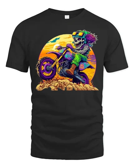 Wild Skeleton Motocross Rider Art Tee - Extreme Graphic Tshirt - black t-shirt on white background