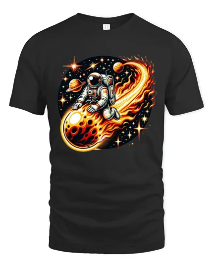 Astronaut Riding Fireball Art Tee - Cosmic Space Graphic Tshirt - black t-shirt on white background