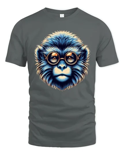 Geeky Blue Monkey Art Tee with Retro Glasses - gray t-shirt on white background