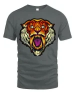 Fierce Sabertooth Tiger Art Tee - Bold Wild Beast Graphic Tshirt - gray t-shirt on white background