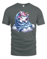 Sleeping Unicorn Wrapped in Stars Tee - Cute Dreamy Graphic Tshirt - gray t-shirt on white background