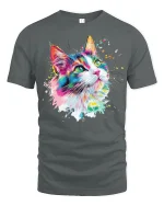 Color Splash Cat Art Tee - Vibrant Painterly Feline Graphic Tshirt - gray t-shirt on white background