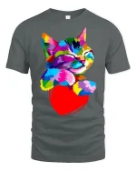 Colorful Cat Hugging Heart Tee - Cute Vibrant Pet Lover Tshirt - gray t-shirt on white background