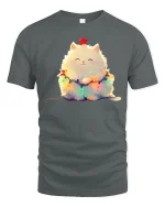 Cute Christmas Fluffy Cat Tee - Adorable Holiday Lights Graphic - gray t-shirt on white background