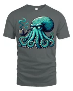 Smoking Octopus Art Tee - Funny Cool Pipe-Loving Sea Graphic Tshirt - gray t-shirt on white background