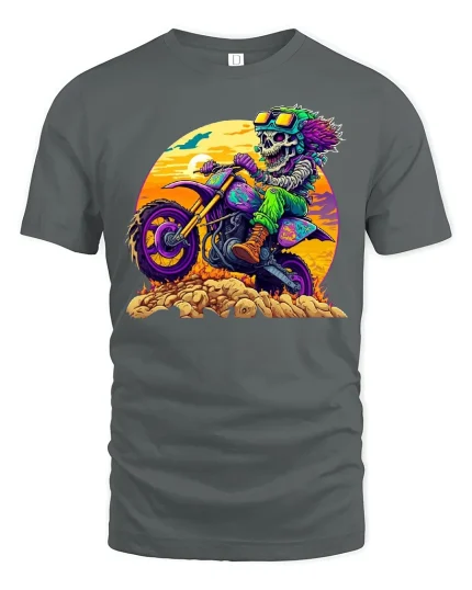 Wild Skeleton Motocross Rider Art Tee - Extreme Graphic Tshirt - gray t-shirt on white background