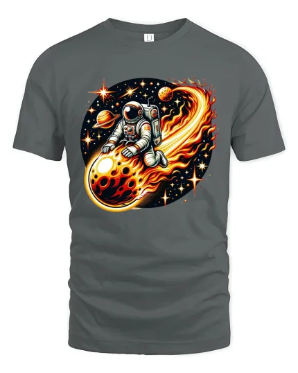 Astronaut Riding Fireball Art Tee - Cosmic Space Graphic Tshirt - gray t-shirt on white background