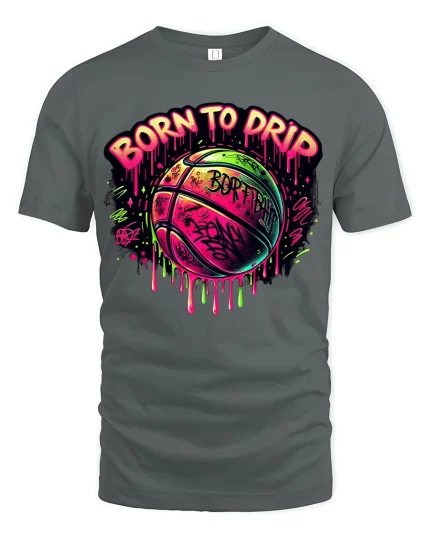 Born to Drip Neon Basketball Tee - Graffiti Style Graphic Tshirt - gray t-shirt on white background
