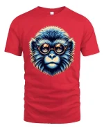 Geeky Blue Monkey Art Tee with Retro Glasses - red t-shirt on white background