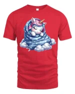 Sleeping Unicorn Wrapped in Stars Tee - Cute Dreamy Graphic Tshirt - red t-shirt on white background