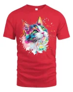 Color Splash Cat Art Tee - Vibrant Painterly Feline Graphic Tshirt - red t-shirt on white background