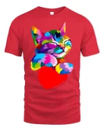 Colorful Cat Hugging Heart Tee - Cute Vibrant Pet Lover Tshirt - red t-shirt on white background