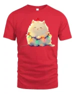Cute Christmas Fluffy Cat Tee - Adorable Holiday Lights Graphic - red t-shirt on white background