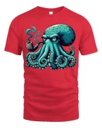 Smoking Octopus Art Tee - Funny Cool Pipe-Loving Sea Graphic Tshirt - red t-shirt on white background