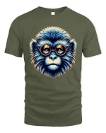 Geeky Blue Monkey Art Tee with Retro Glasses - military green t-shirt on white background