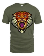 Fierce Sabertooth Tiger Art Tee - Bold Wild Beast Graphic Tshirt - military green t-shirt on white background