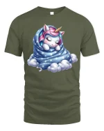 Sleeping Unicorn Wrapped in Stars Tee - Cute Dreamy Graphic Tshirt - military green t-shirt on white background