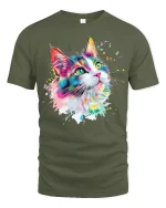 Color Splash Cat Art Tee - Vibrant Painterly Feline Graphic Tshirt - military green t-shirt on white background