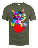 Colorful Cat Hugging Heart Tee - Cute Vibrant Pet Lover Tshirt - military green t-shirt on white background