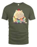 Cute Christmas Fluffy Cat Tee - Adorable Holiday Lights Graphic - military green t-shirt on white background
