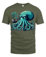 Smoking Octopus Art Tee - Funny Cool Pipe-Loving Sea Graphic Tshirt - military green t-shirt on white background