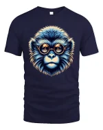 Geeky Blue Monkey Art Tee with Retro Glasses - navy t-shirt on white background