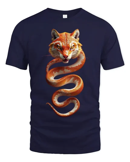 Tiger Serpent Hybrid Art Tee - Fierce Wild Animal Graphic Tshirt - navy t-shirt on white background