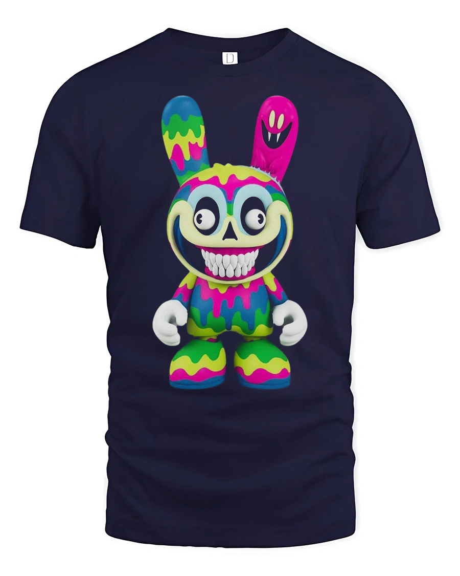 Psycho Drip Bunny Art Tee - Colorful Creepy Cute Graphic Tshirt - 1 Psycho Drip Bunny Art Tee - Colorful Creepy Cute Graphic Tshirt - navy t-shirt on white background
