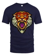 Fierce Sabertooth Tiger Art Tee - Bold Wild Beast Graphic Tshirt - navy t-shirt on white background