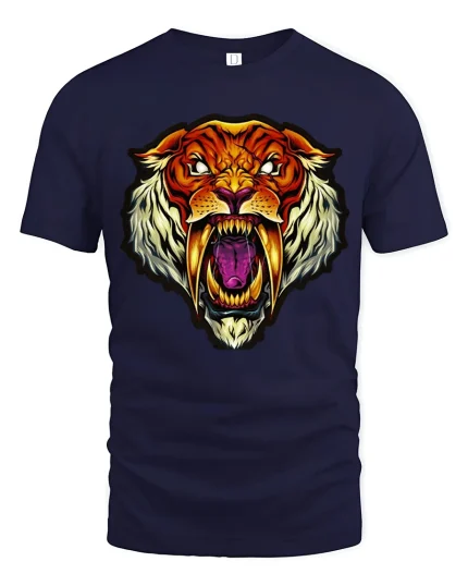 Fierce Sabertooth Tiger Art Tee - Bold Wild Beast Graphic Tshirt - navy t-shirt on white background