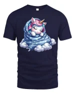Sleeping Unicorn Wrapped in Stars Tee - Cute Dreamy Graphic Tshirt - navy t-shirt on white background