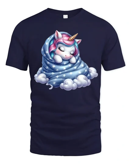 Sleeping Unicorn Wrapped in Stars Tee - Cute Dreamy Graphic Tshirt - navy t-shirt on white background