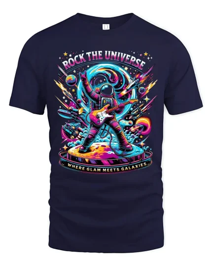 Rock the Universe Astronaut Guitar Tee - Epic Space Graphic Tshirt - navy t-shirt on white background