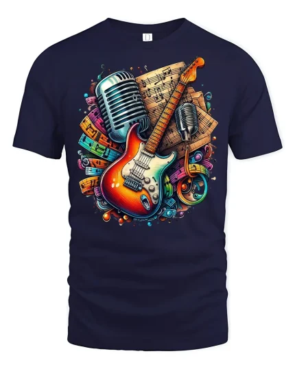 Retro Guitar and Microphone Music Tee - Vibrant Rock Graphic Tshirt - navy t-shirt on white background