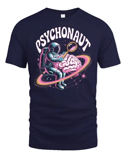 Psychonaut Astronaut Brain Tee - Trippy Space Mind Graphic Tshirt - navy t-shirt on white background