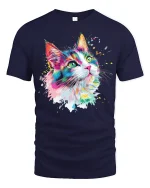 Color Splash Cat Art Tee - Vibrant Painterly Feline Graphic Tshirt - navy t-shirt on white background