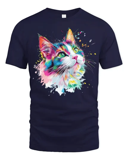 Color Splash Cat Art Tee - Vibrant Painterly Feline Graphic Tshirt - navy t-shirt on white background