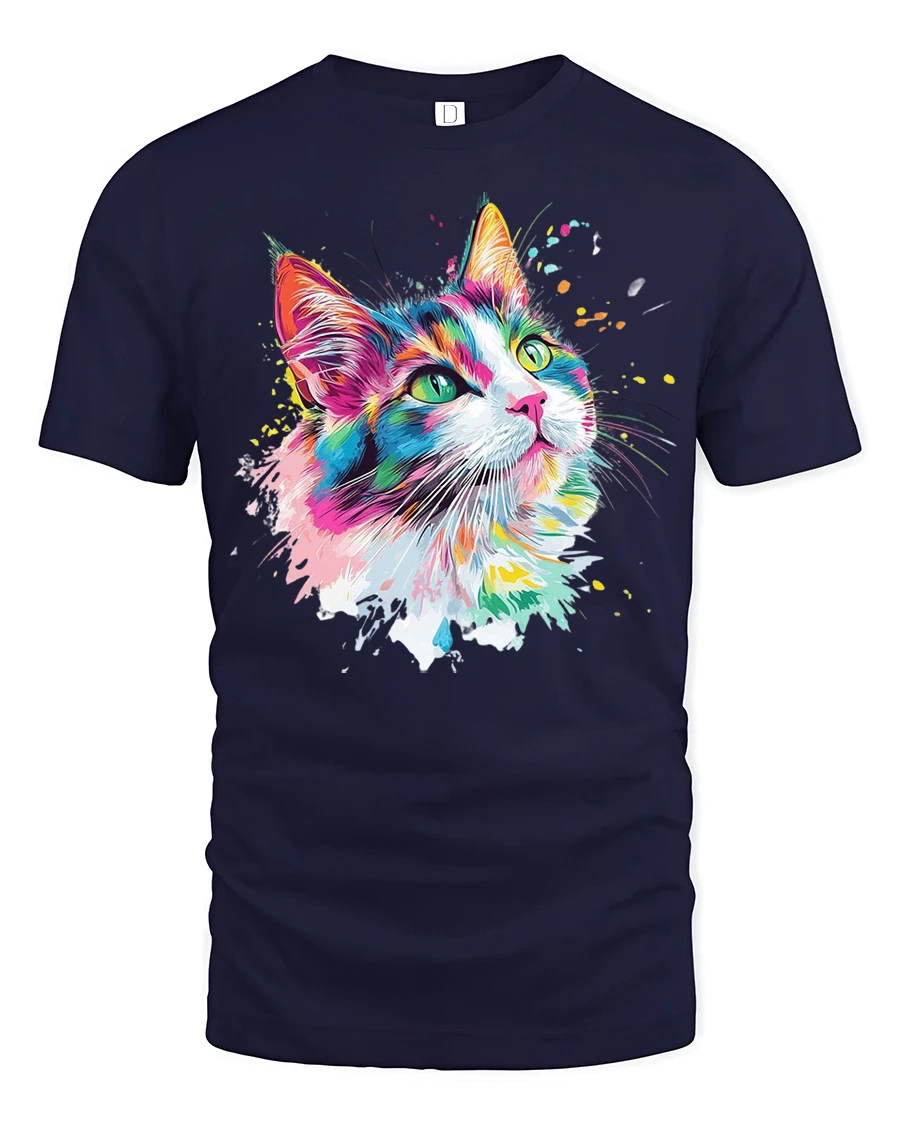 Color Splash Cat Art Tee - Vibrant Painterly Feline Graphic Tshirt - 1 Color Splash Cat Art Tee - Vibrant Painterly Feline Graphic Tshirt - navy t-shirt on white background