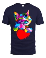 Colorful Cat Hugging Heart Tee - Cute Vibrant Pet Lover Tshirt - navy t-shirt on white background