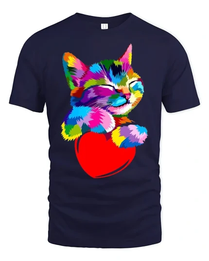 Colorful Cat Hugging Heart Tee - Cute Vibrant Pet Lover Tshirt - navy t-shirt on white background