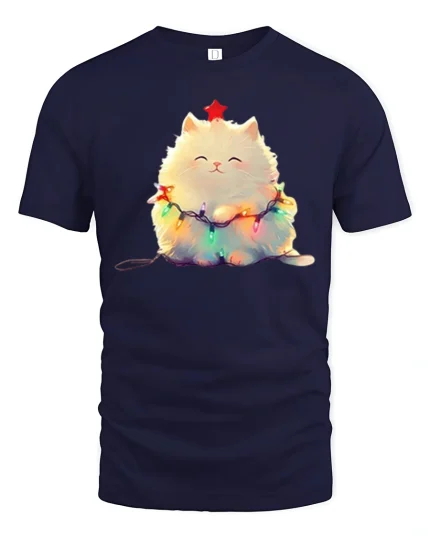Cute Christmas Fluffy Cat Tee - Adorable Holiday Lights Graphic - navy t-shirt on white background