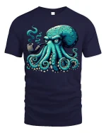 Smoking Octopus Art Tee - Funny Cool Pipe-Loving Sea Graphic Tshirt - navy t-shirt on white background