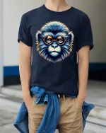 Geeky Blue Monkey Art Tee with Retro Glasses - model wearing navy tee with hands in pockets