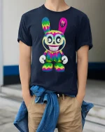 Psycho Drip Bunny Art Tee - Colorful Creepy Cute Graphic Tshirt - model wearing navy tee with hands in pockets