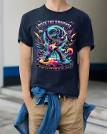 Rock the Universe Astronaut Guitar Tee - Epic Space Graphic Tshirt - model wearing navy tee with hands in pockets