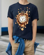 Golden Steampunk Pocket Watch Tee - Elegant Vintage Graphic Tshirt - model wearing navy tee with hands in pockets